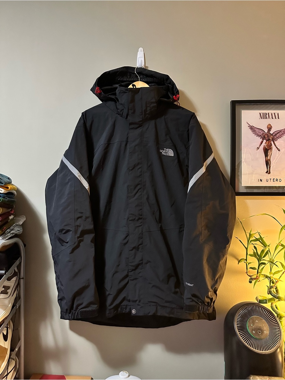 The North Face Men's Black Hooded Raincoat with Reflective Accents